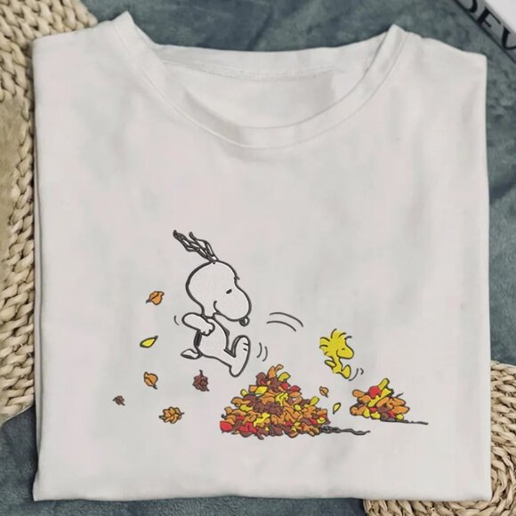 Snoopy Halloween Embroidered T-shirt, Cartoon Dog Autumn Leaves Fall T-Shirt - Picture 1 of 1